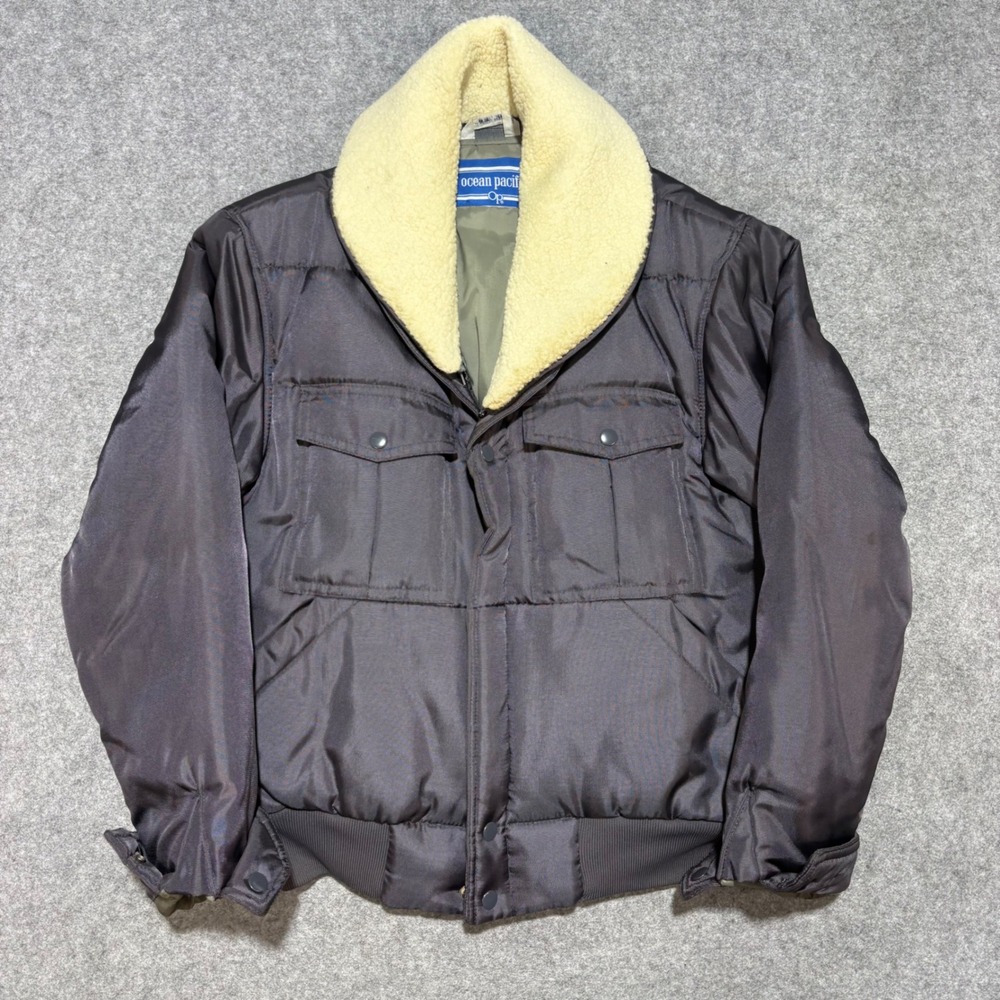 Vintage Ocean Pacific Puffer Jacket Gray Sherpa Collar Bomber Mens Large Op